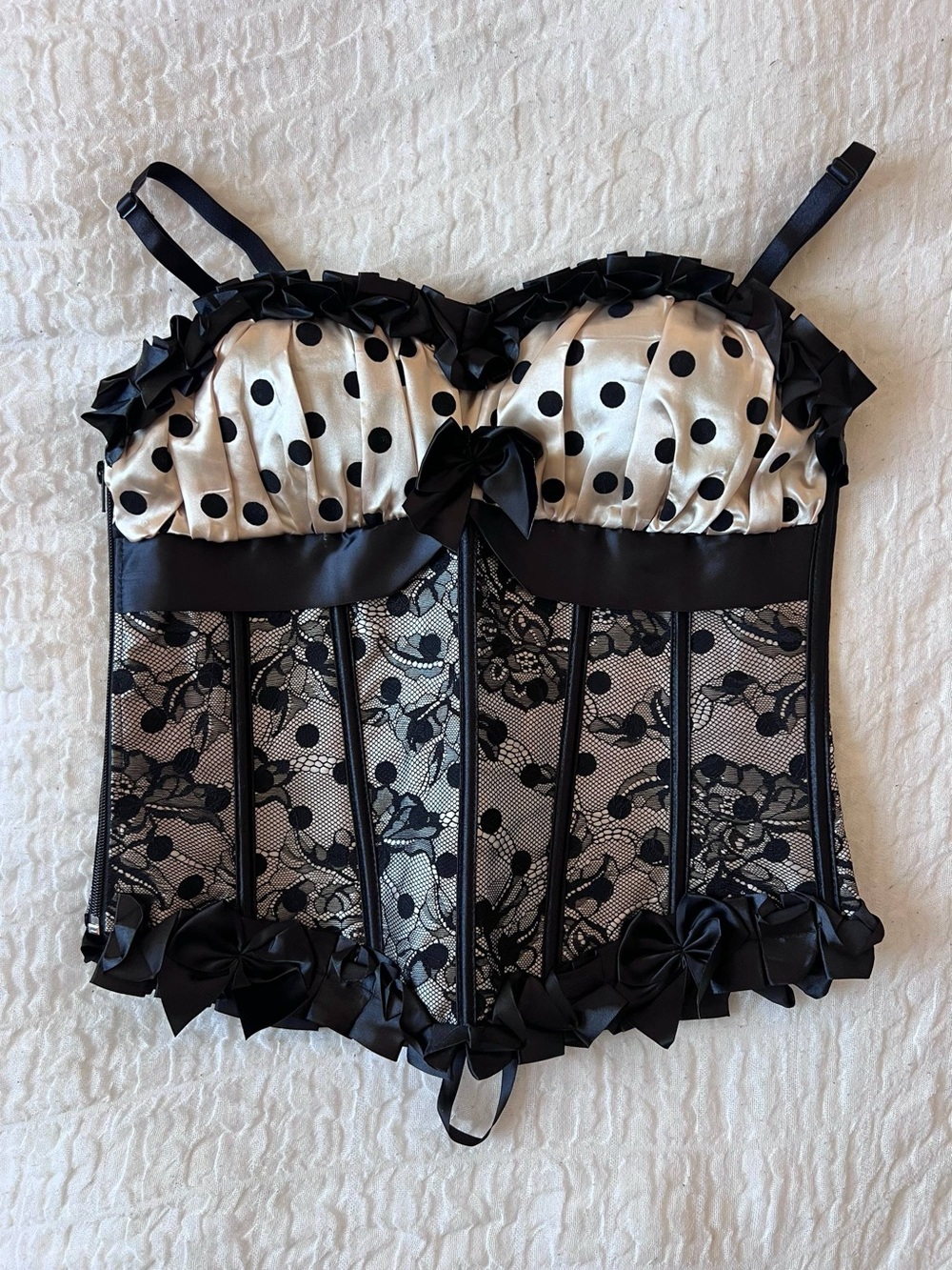 Polka Dot & Lace Satin Bustier Corset - Black and Cream